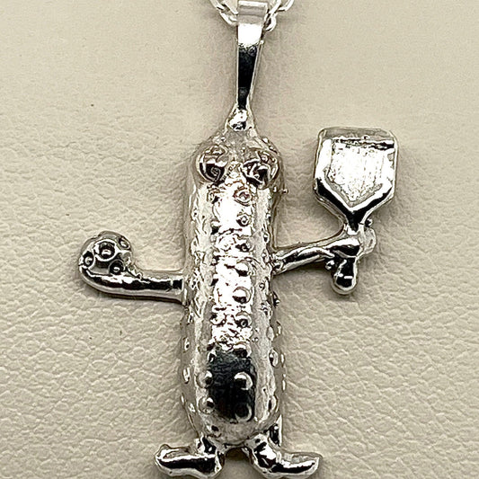 Silver Pickle Playing Pickleball Pendant